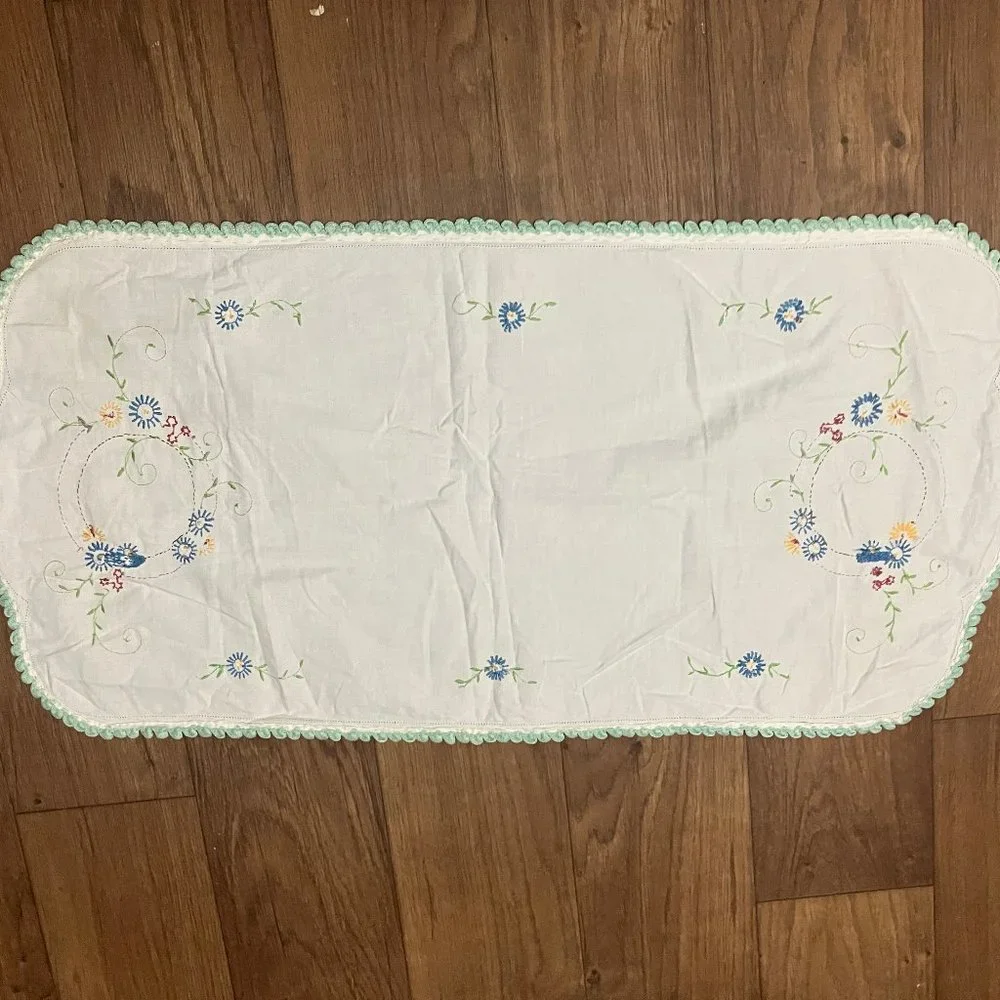 Vintage Handmade Linen Table-runner with Floral Design & Crochet Edge